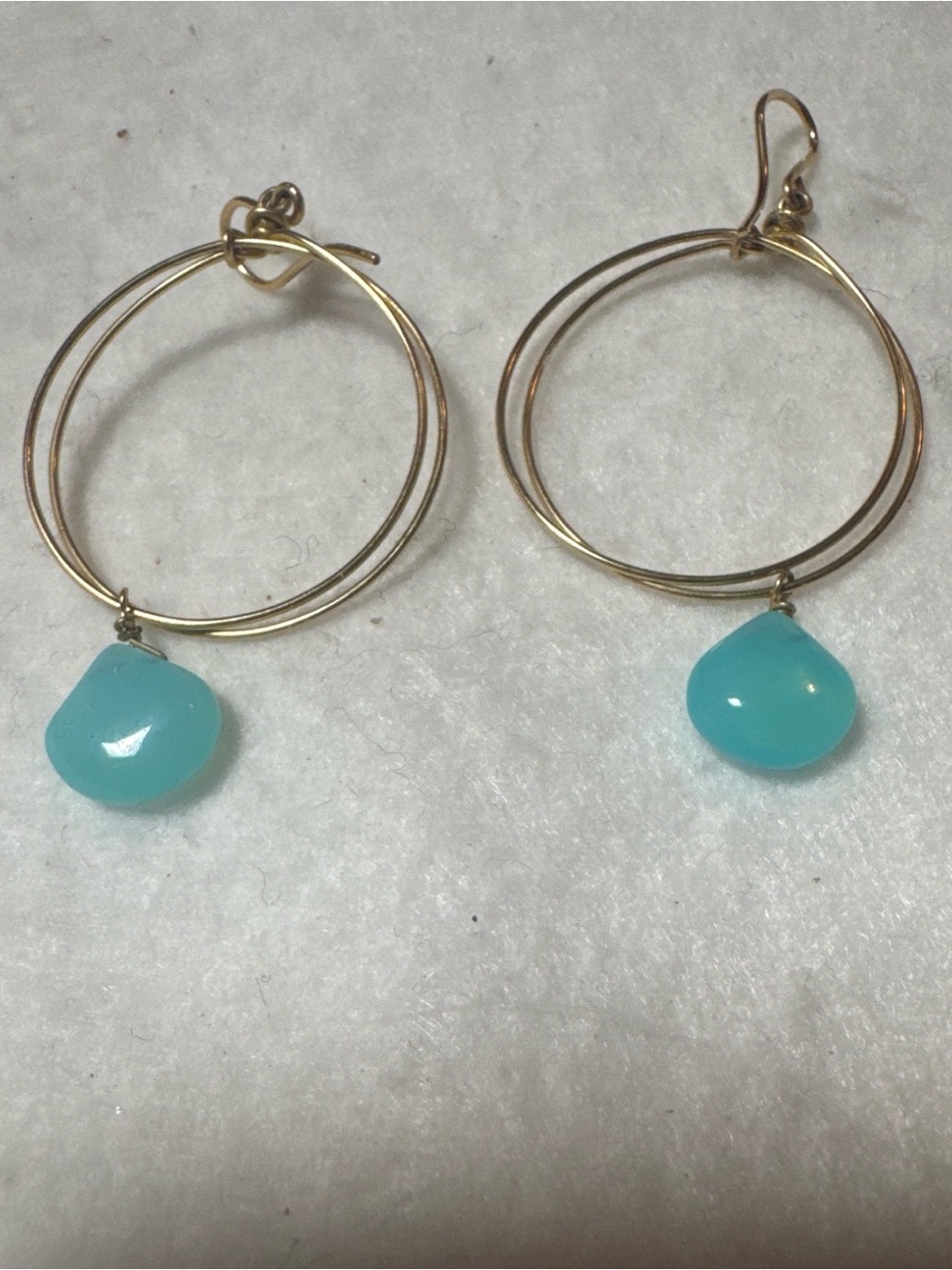 14k Gold Hoop Earrings with Aqua Chalcedony Stones - Women Jewelry